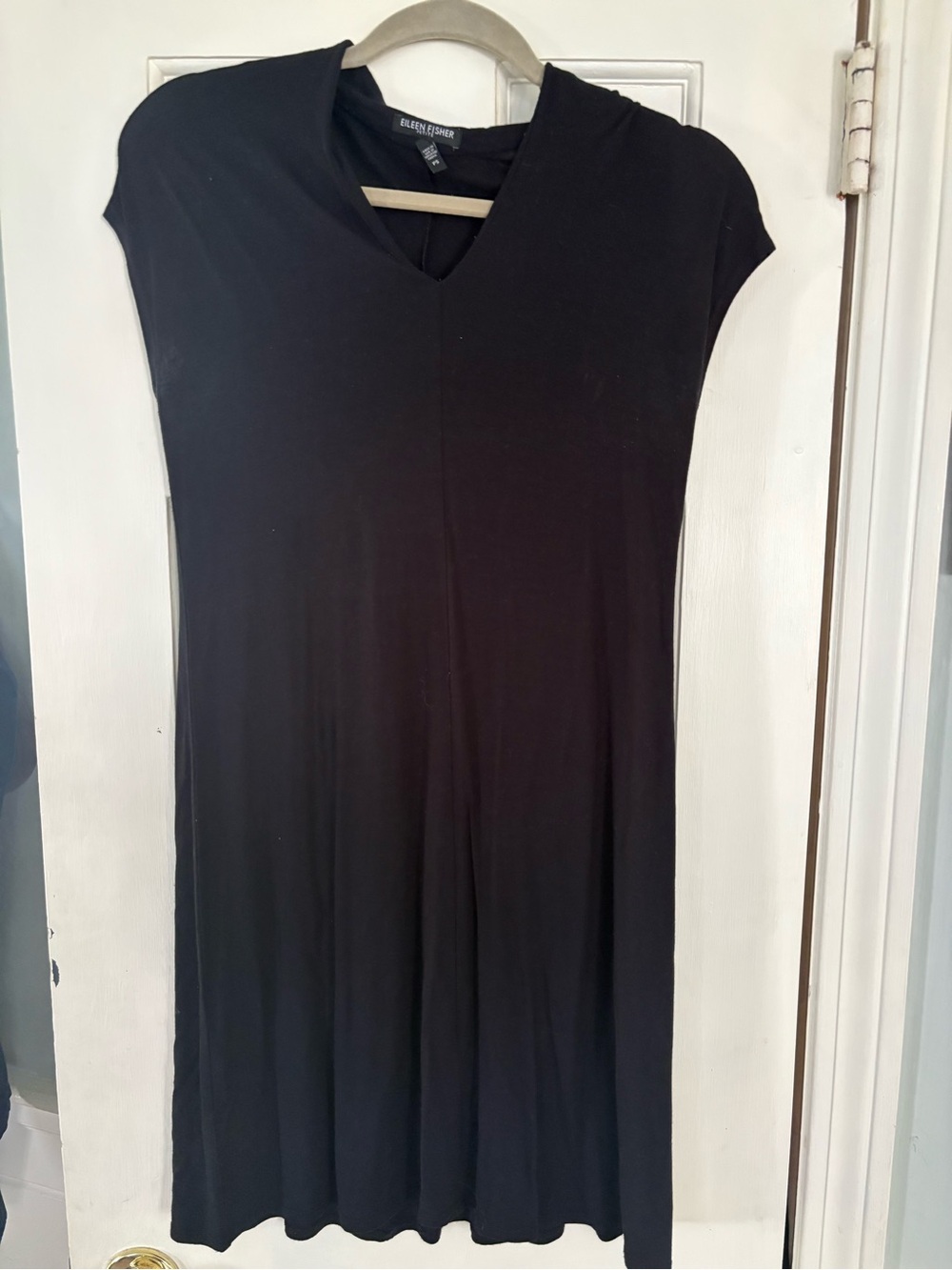 Eileen Fisher Black V-Neck Mid Thigh Dress with Cap Sleeves